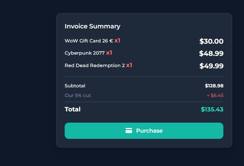 Invoice: subtotal, 5 % fee, total
